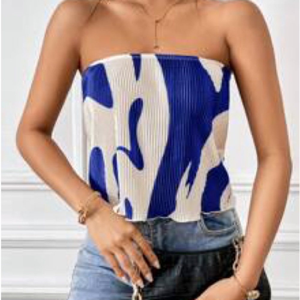 Blue and White Strapless Top EUC Size Small